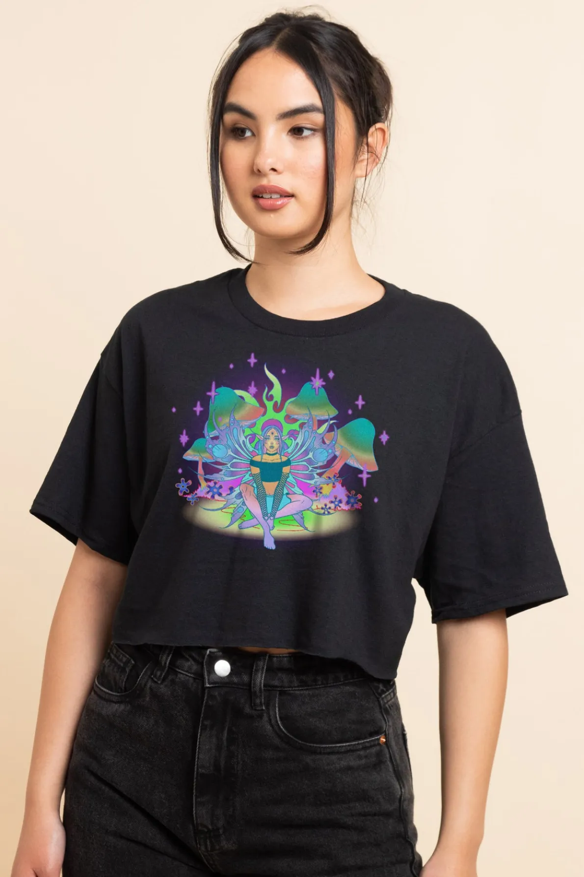 Daisy Street Relaxed Crop T-Shirt with Fairy Print-Women T-Shirts