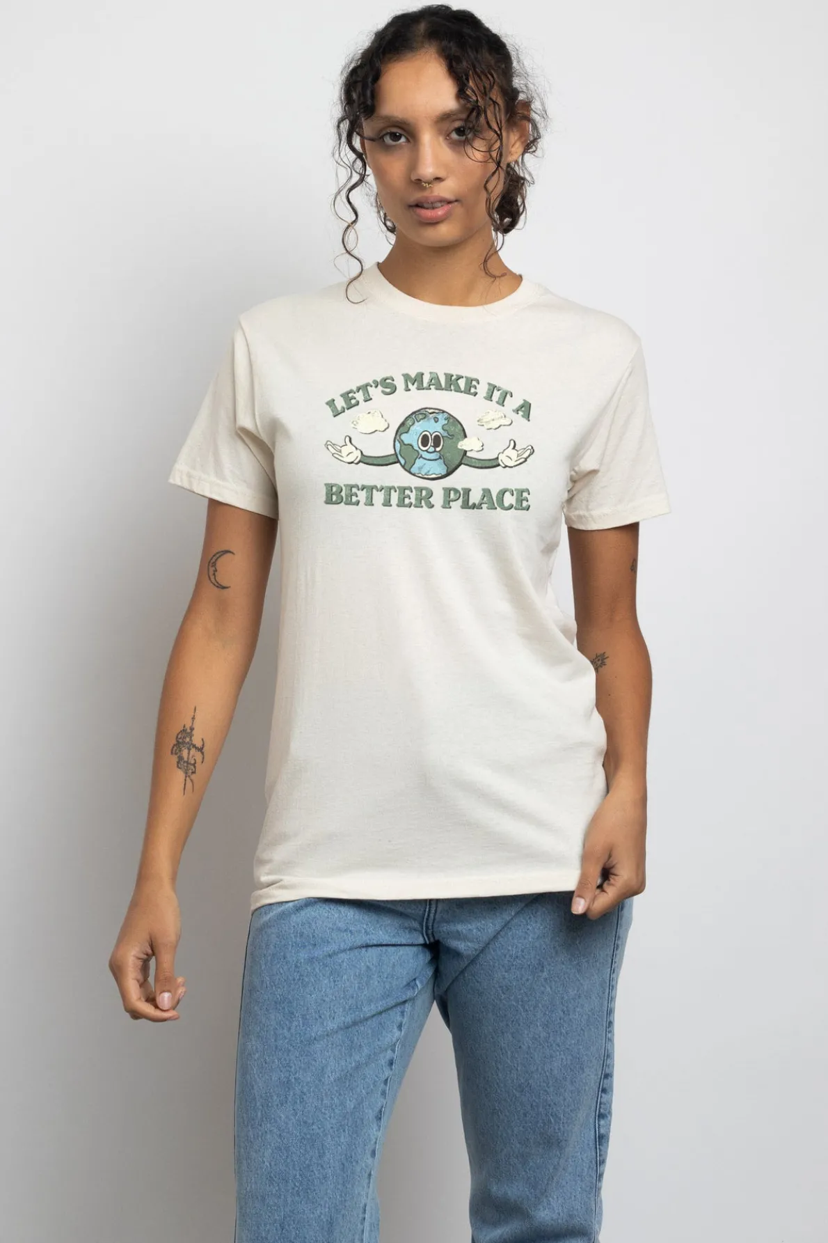 Daisy Street Relaxed T-Shirt with Make A Better Place Print-Women T-Shirts