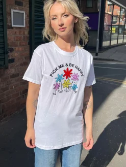 Daisy Street Relaxed T-Shirt with Pick Me Be Happy Print-Women T-Shirts
