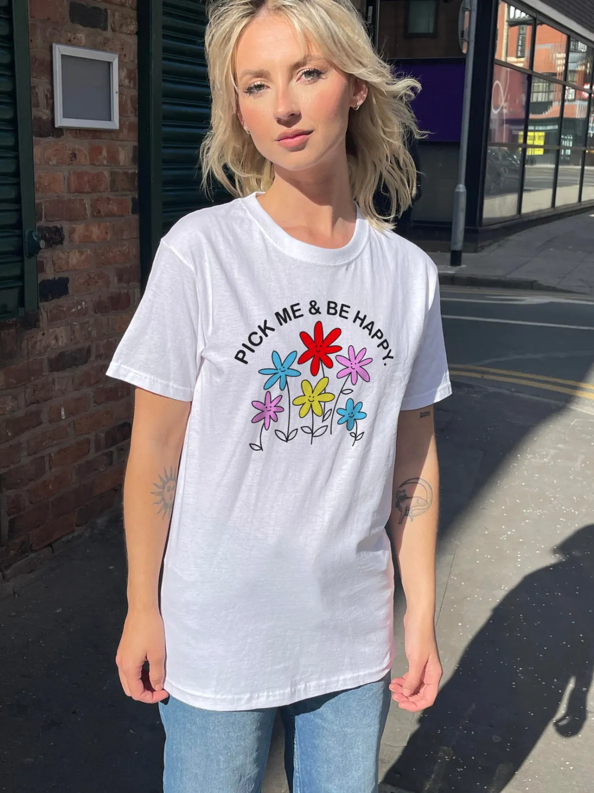 Daisy Street Relaxed T-Shirt with Pick Me Be Happy Print-Women T-Shirts