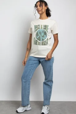 Daisy Street Relaxed T-Shirt with Peace and Love Print-Women T-Shirts