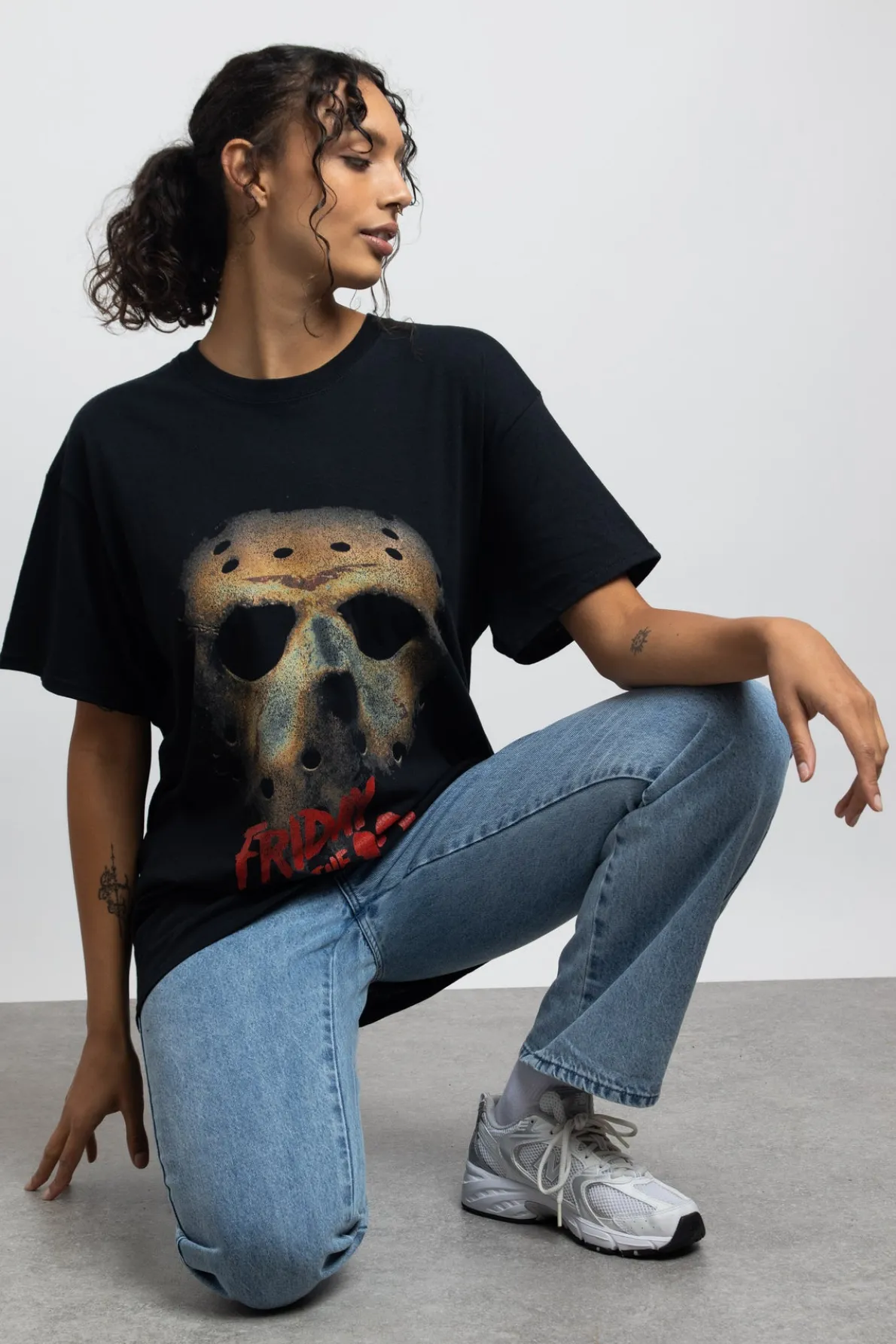 Daisy Street Relaxed T-Shirt with Friday The 13th Mask Graphic-Women T-Shirts | Tops