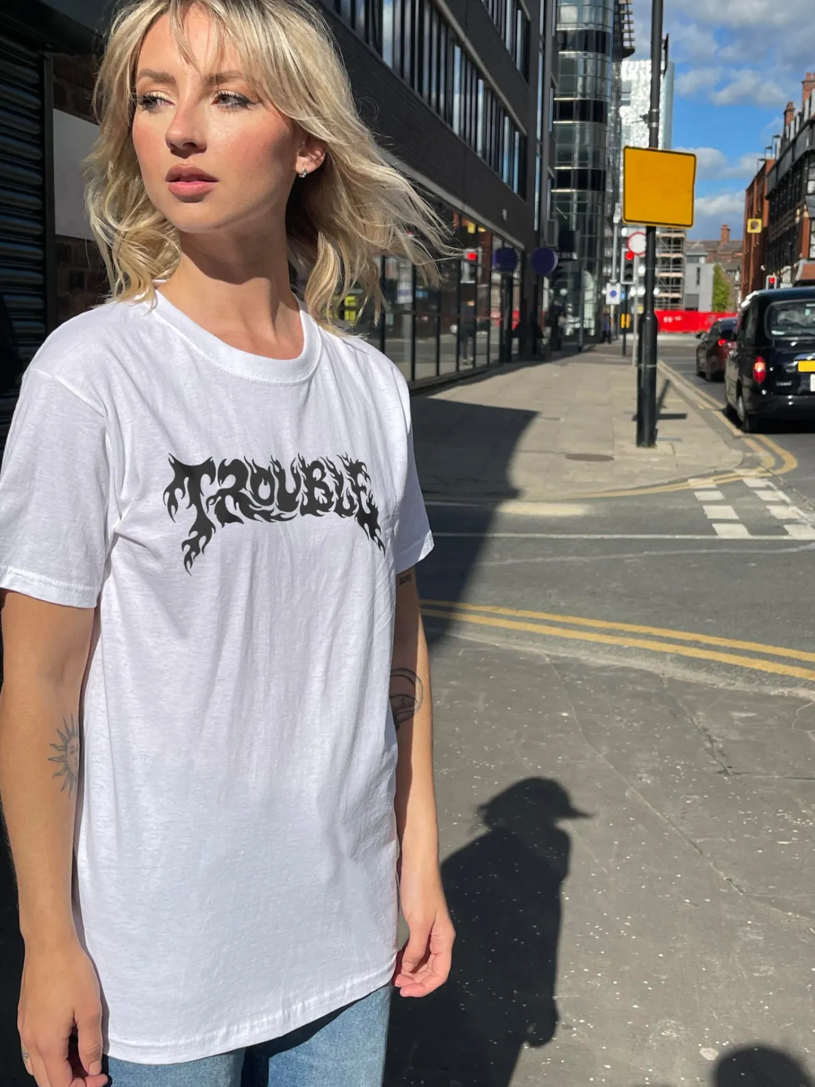 Daisy Street Relaxed T-Shirt with Trouble Graphic-Women T-Shirts