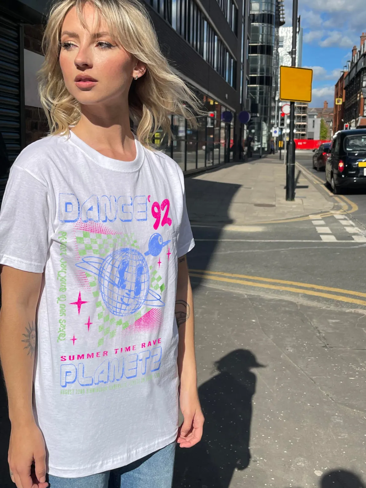 Daisy Street Relaxed T-Shirt with Planet Rave Print-Women T-Shirts
