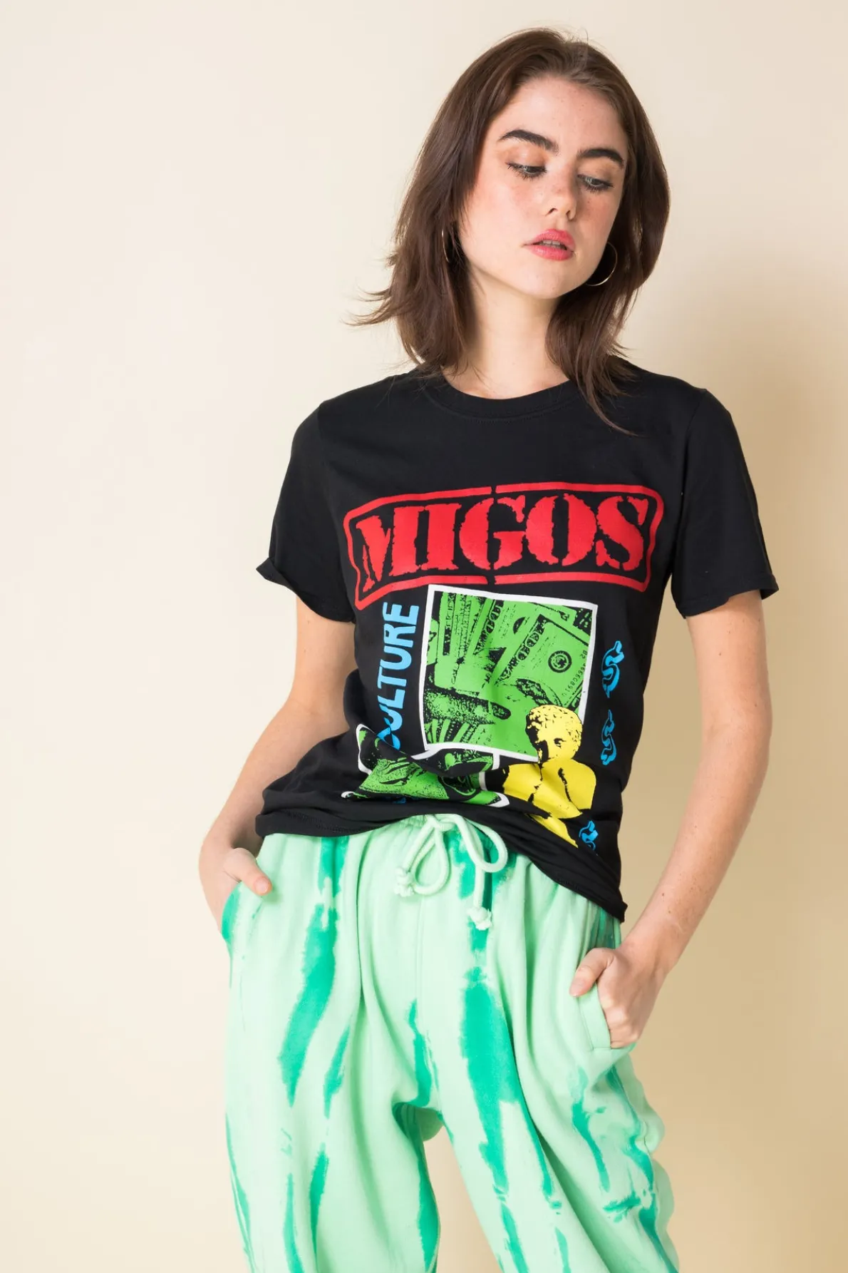 Daisy Street Relaxed T-Shirt with Migos Print-Women Band Tees | T-Shirts