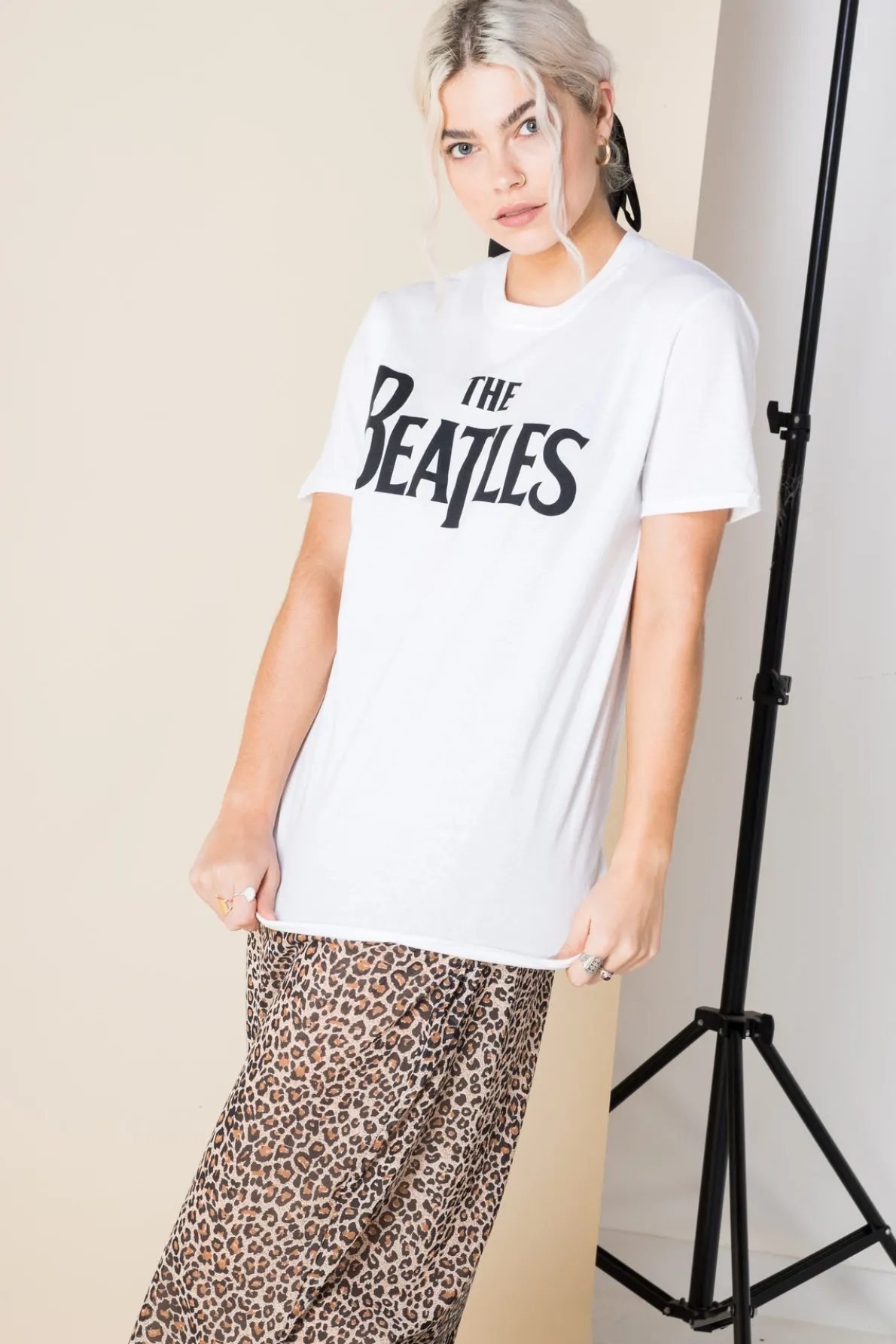Daisy Street Relaxed T-Shirt with The Beatles Print-Women Band Tees | T-Shirts