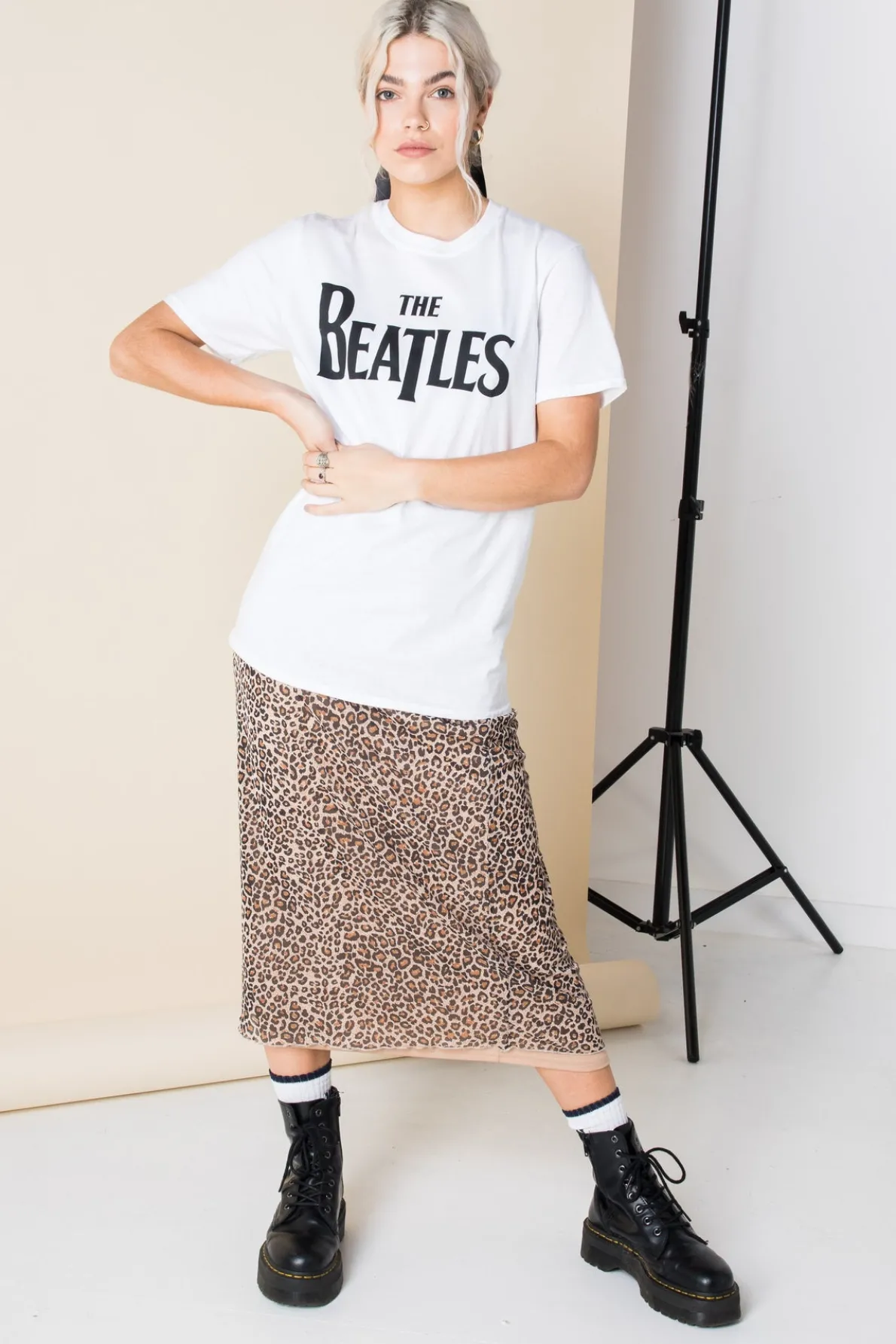Daisy Street Relaxed T-Shirt with The Beatles Print-Women Band Tees | T-Shirts