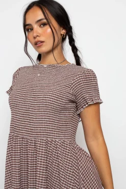 Daisy Street Shirred Check Skater Mini Dress-Women Dresses