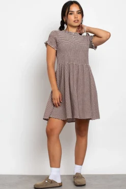 Daisy Street Shirred Check Skater Mini Dress-Women Dresses