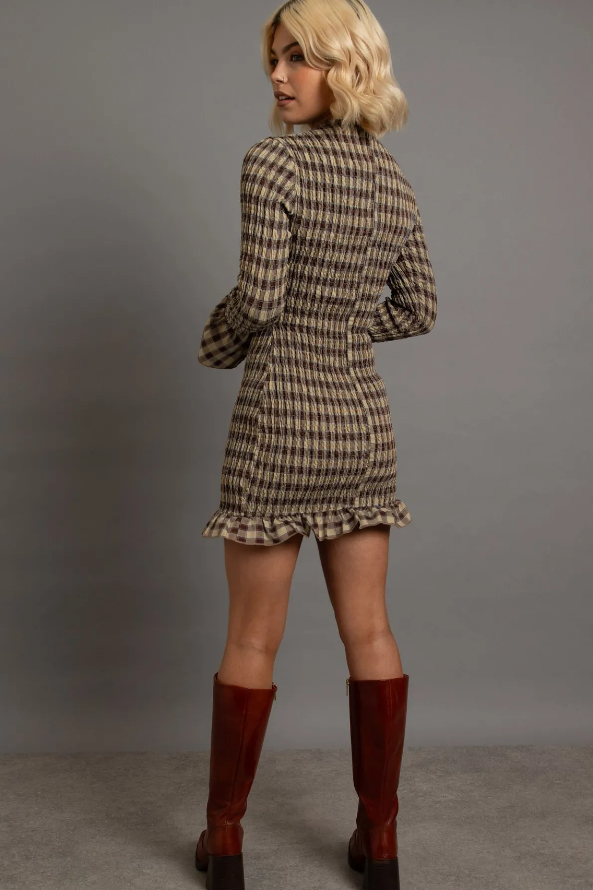 Daisy Street Shirred Long Sleeve Mini Dress-Women Partywear | Dresses