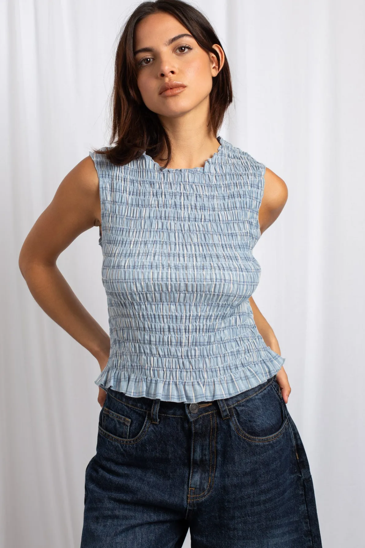 Daisy Street Shirred Sleeveless Top-Women Tops