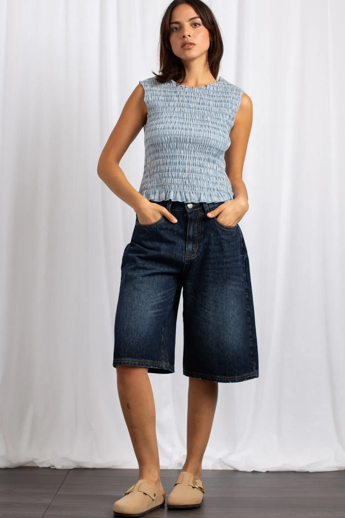 Daisy Street Shirred Sleeveless Top-Women Tops
