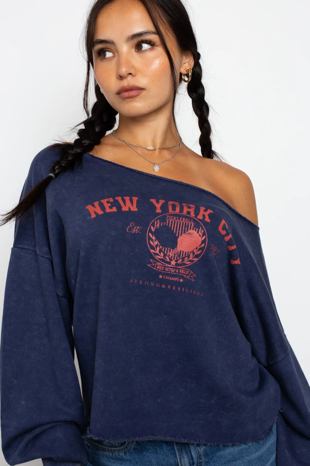 Daisy Street Slashed Neck Sweat With New York City Graphic-Women Tops | Hoodies & Sweatshirts