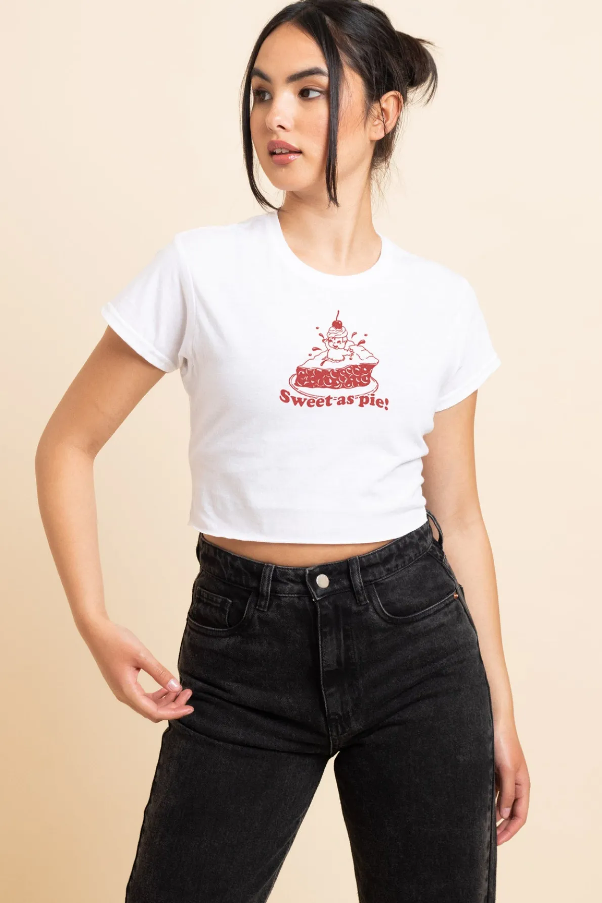 Daisy Street Slim Crop T-Shirt with Sweet As Pie Print-Women T-Shirts