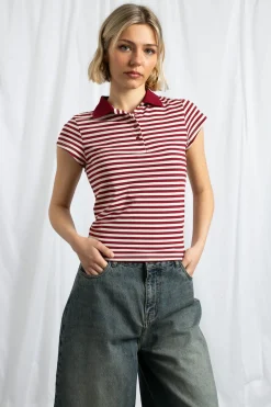Daisy Street Slim Fit Stripe Polo Shirt With Short Sleeves-Women Tops