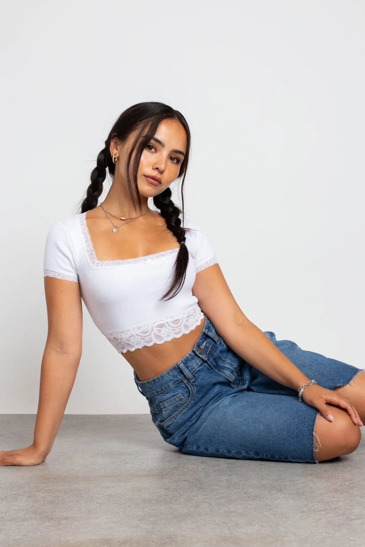 Daisy Street Square Neck Top With Lace Trim Detailing-Women Tops