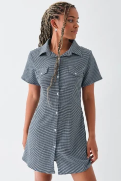 Daisy Street Textured Check Mini Shirt Dress-Women Dresses