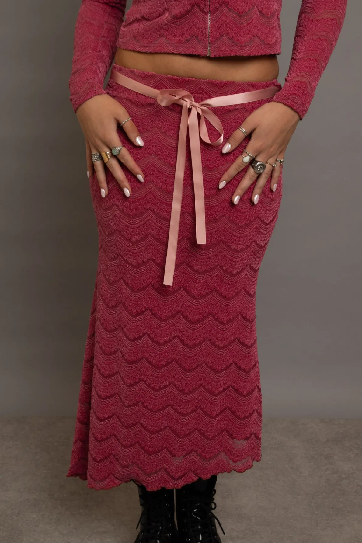Daisy Street Textured Midaxi Skirt With Satin Tie Belt-Women Partywear | Skirts