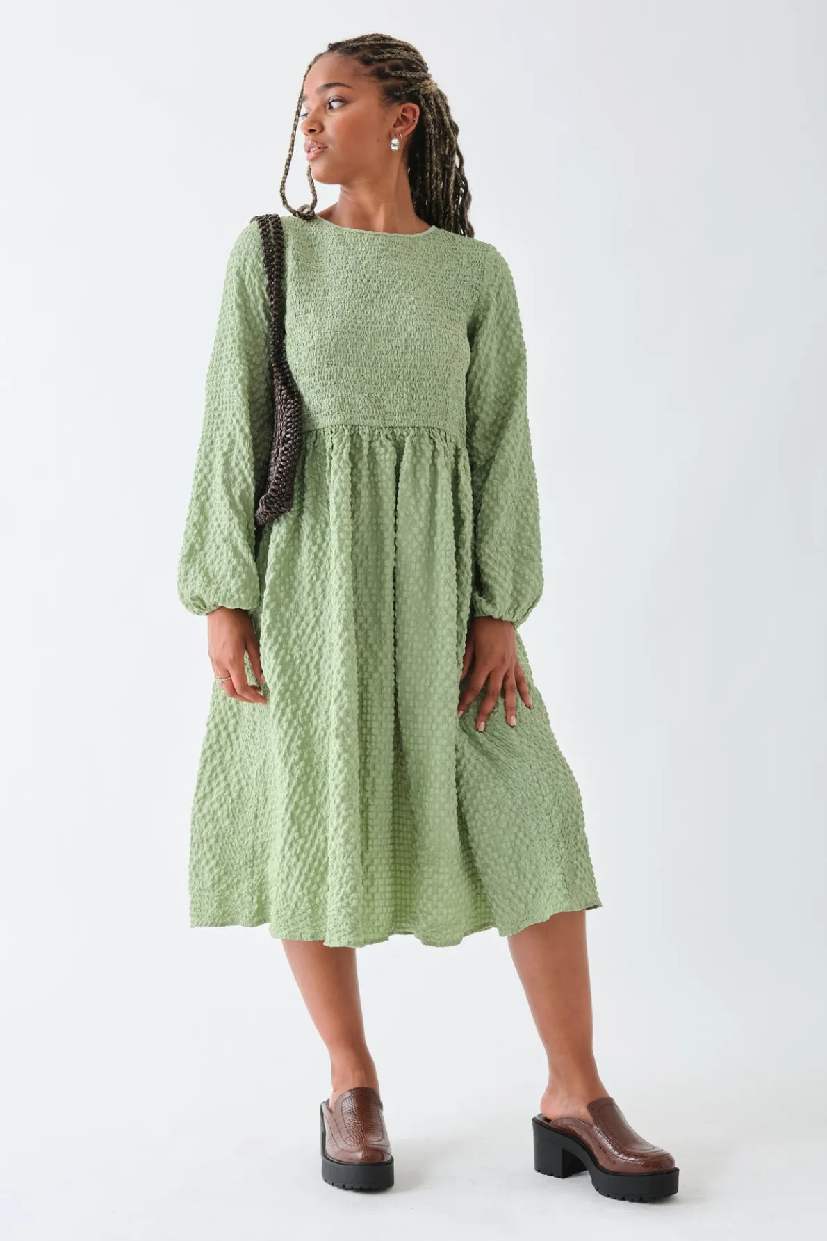 Daisy Street Textured Shirred Midi Smock Dress-Women Dresses