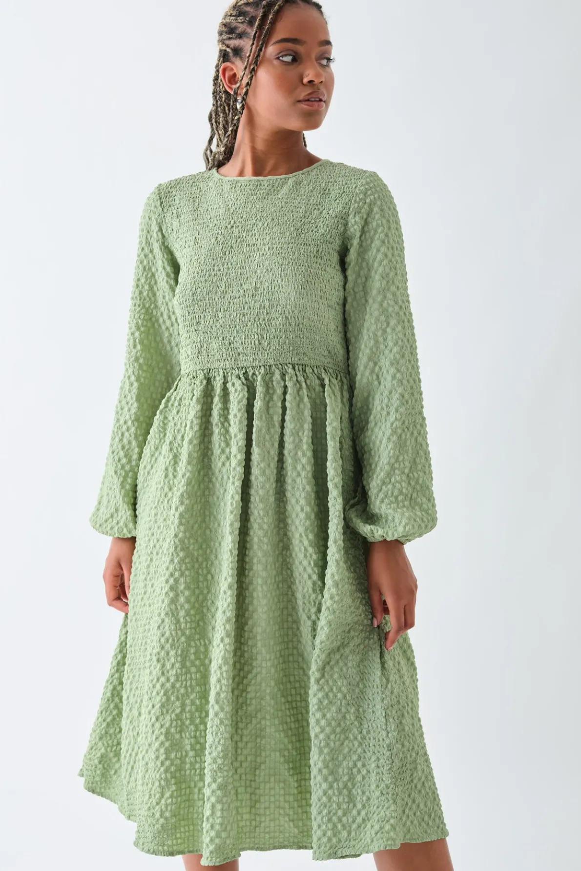 Daisy Street Textured Shirred Midi Smock Dress-Women Dresses