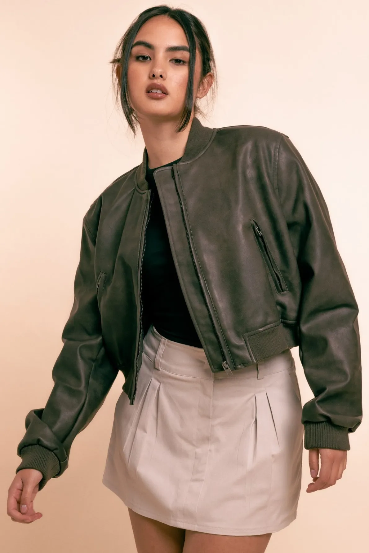Daisy Street Vintage Pu Bomber Jacket in -Black-Women Jackets