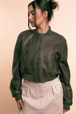 Daisy Street Vintage Pu Bomber Jacket in -Black-Women Jackets