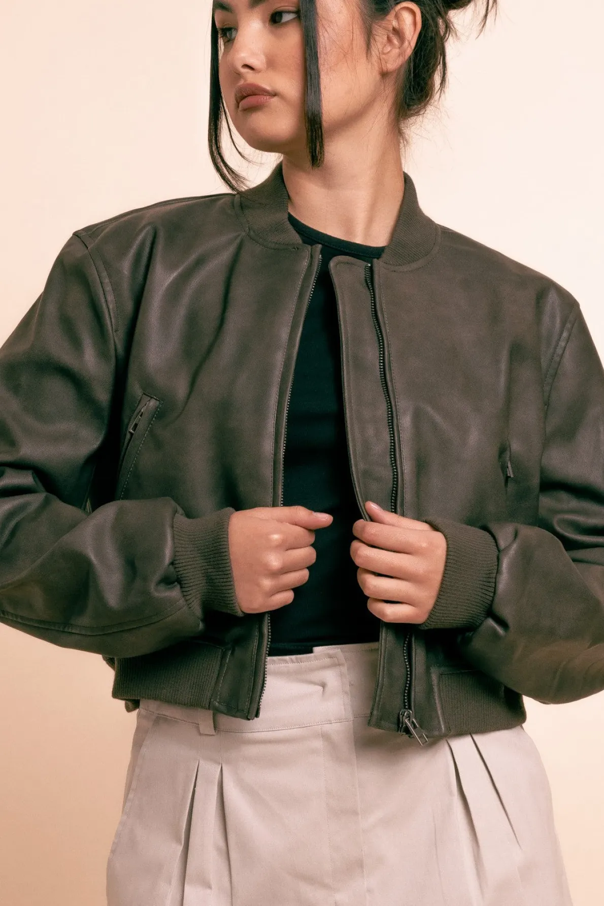 Daisy Street Vintage Pu Bomber Jacket in -Black-Women Jackets