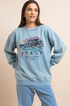 Daisy Street Washed Sweat With Print & Embroidery-Women Hoodies & Sweatshirts