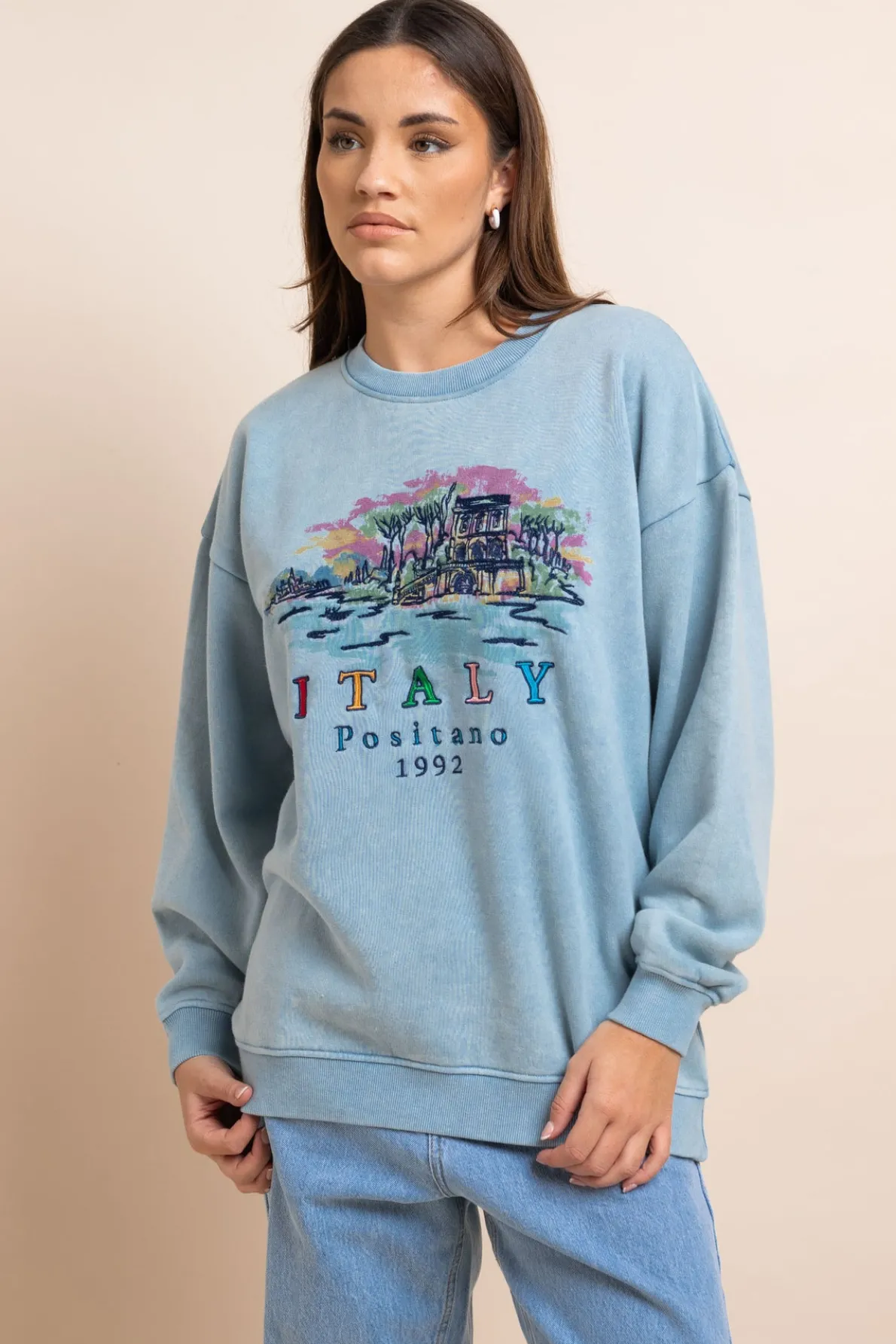 Daisy Street Washed Sweat With Print & Embroidery-Women Hoodies & Sweatshirts