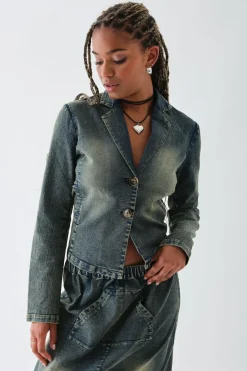 Daisy Street Washed Stretch Denim Blazer-Women Jackets