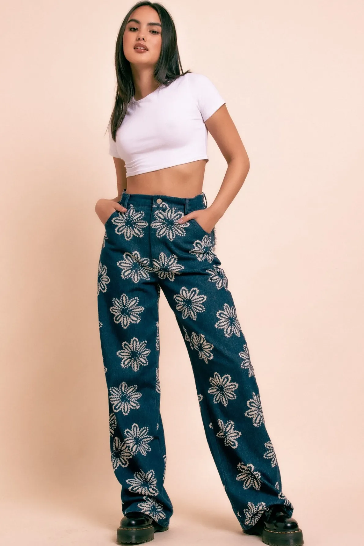 Daisy Street Wide Leg Printed Denim Jeans-Women Trousers