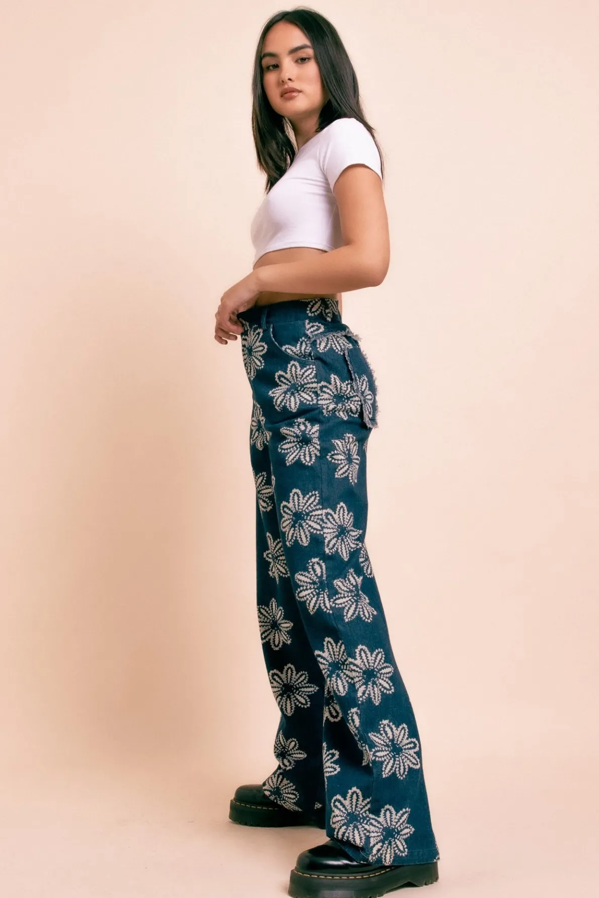 Daisy Street Wide Leg Printed Denim Jeans-Women Trousers