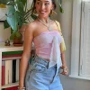 Daisy Street x Chloe Davie Y2K Mesh Boobtube with Lace Tie Front-Women Tops