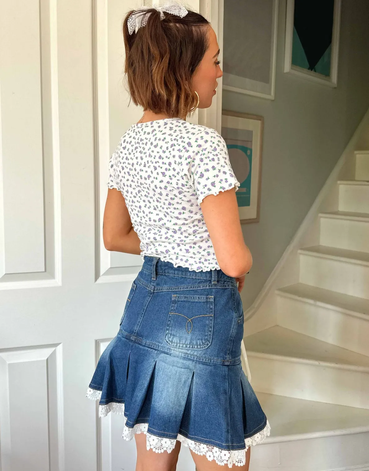 Daisy Street x Chloe Davie Y2K Mini Pleated Denim Skirt with Lace Trim-Women Skirts