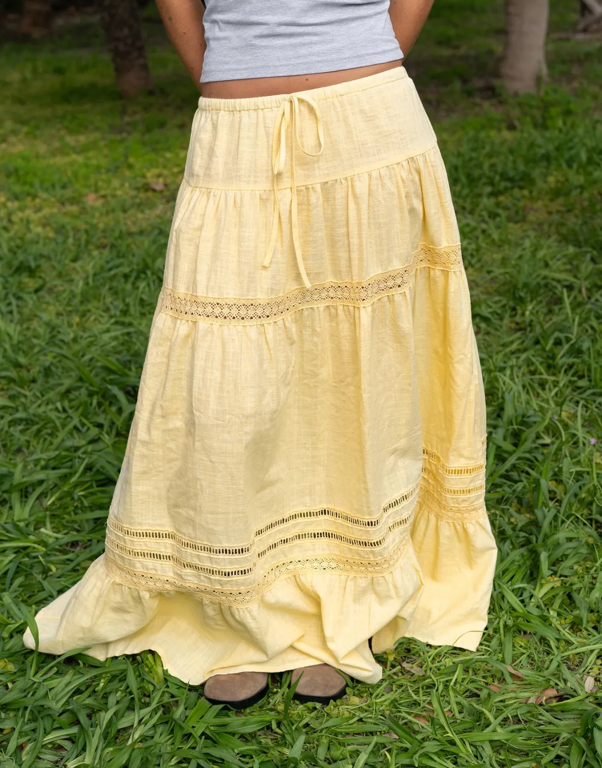 Daisy Street X Molly Mcfarlane Boho Maxi Tiered Skirt In Buttermilk-Women Skirts